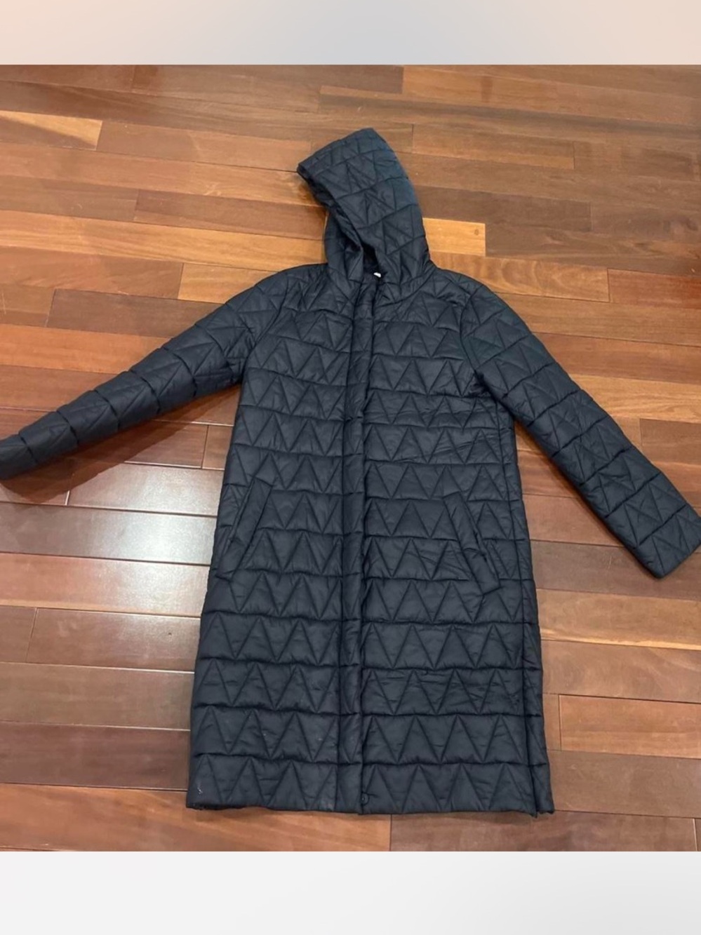 Eileen Fisher Black Quilted Hooded Long Puffer Coat